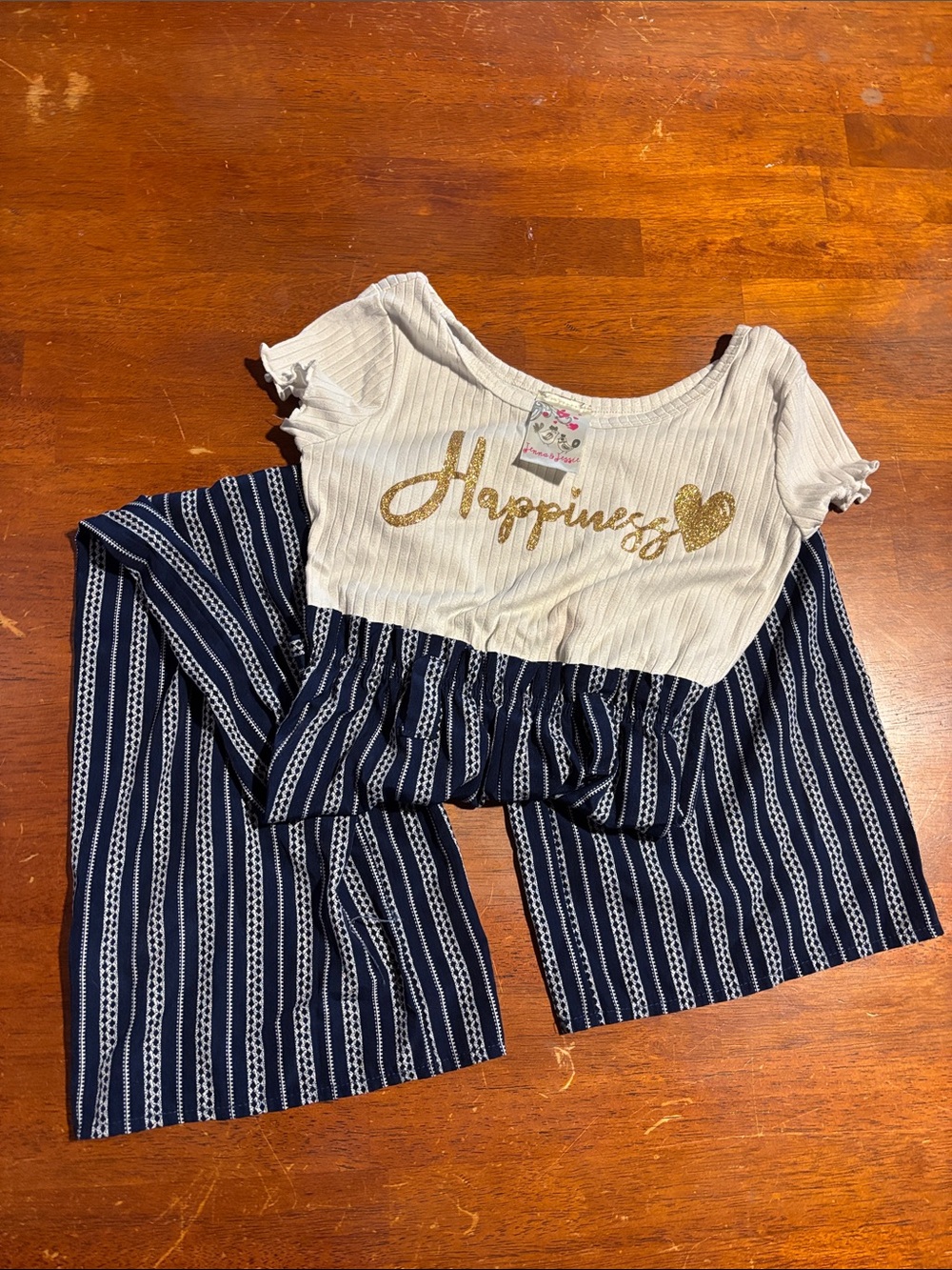 Girls 'Happiness' White & Navy Striped Romper